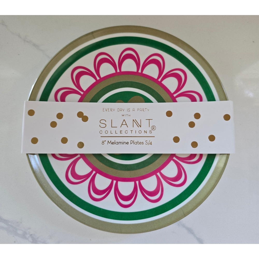 Slant Collections Mahjong Melamine Plates‎ Set of 4 Pink Green Gold 8 Inch T0806
